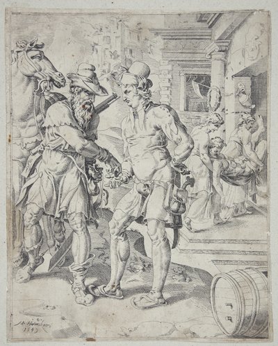 De Samaritaan betaalt de herbergier voor de zorg voor de gewonde man door Dirck Volckertsz. Coornhert