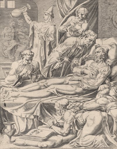 De Rijke Man op Zijn Sterfbed, uit De Parabel van Lazarus en de Rijke Man, plaat 2, 1551 door Dirck Volkertsen Coornhert