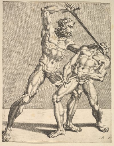 Twee schermers, uit Schermers, plaat 7, 1552 door Dirck Volkertsen Coornhert