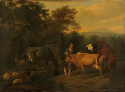 Landschap met herder en vee door Dirck van Bergen