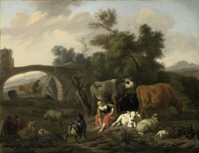 Landschap met herders en vee door Dirck van Bergen