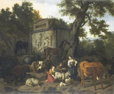 Landschap met herders en vee bij een graf door Dirck van Bergen