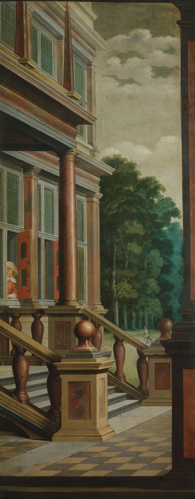 Een zeven-delige decoratieve reeks: De buitentrap door Dirck van Delen
