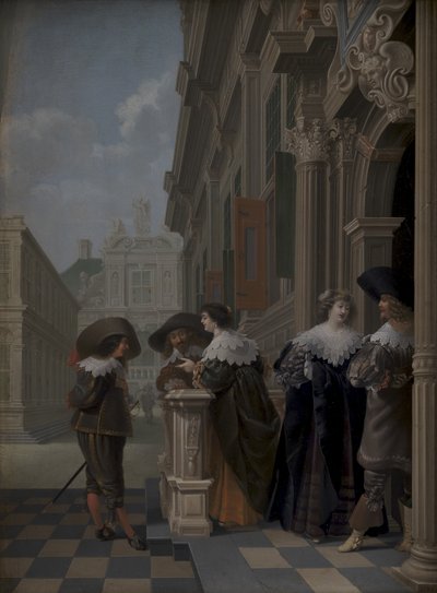 Gesprek buiten een paleis door Dirck van Delen