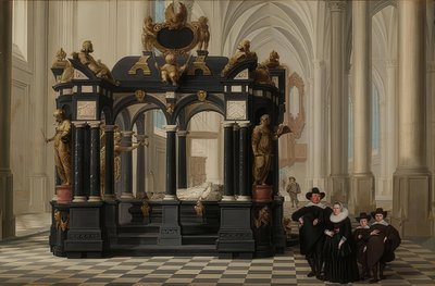 Een familie bij het graf van Prins Willem I in de Nieuwe Kerk, Delft. 1645 door Dirck van Delen