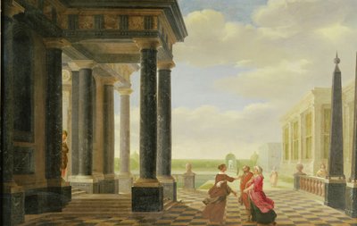 Personen in Gesprek in een Klassieke Setting door Dirck van Delen