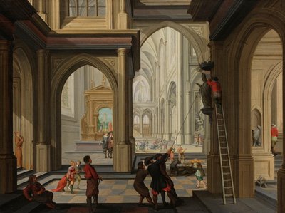 Beeldenstorm in een kerk door Dirck van Delen