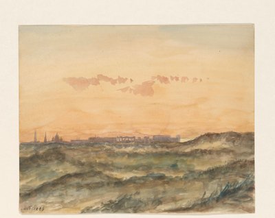 Landschap met in de verte het silhouet van een stad door Dirk Arnoldus Tavenraat
