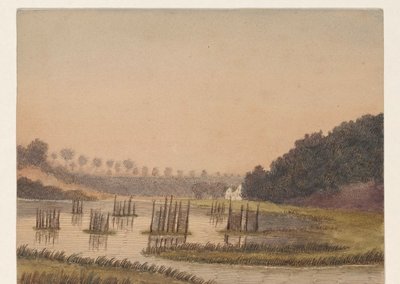 Moerassig landschap met in de verte een gebouw door Dirk Arnoldus Tavenraat