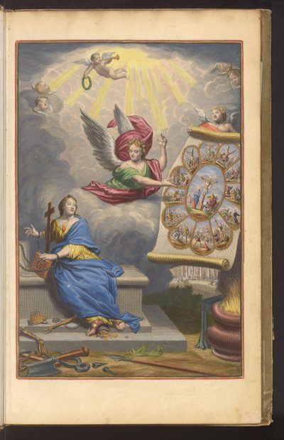 Titelprent met engel die aan geketende Geloof het martelaarschap van Christus en de twaalf Apostelen toont door Dirk Janszoon van Santen