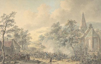 Slagveld met kerk aan de rechterkant, ca. 1790-1800 door Dirk Langendijk
