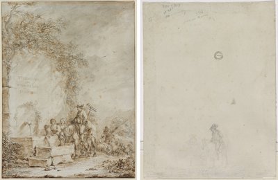 Frontispice voor een Album van Tekeningen: Boeren bij een Fontein (recto) Schets van Boeren bij een Fontein (verso) door Dirk Langendijk