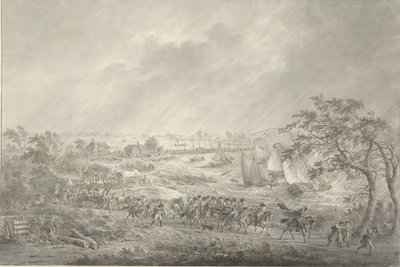 Overtocht van de Engelse en Hannoverse troepen uit Nijmegen naar Lent over de schipbrug over de Waal, 7 november 1794 door Dirk Langendijk
