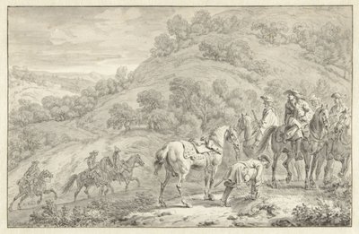 Berglandschap met een afgestegen ruiter en andere jagers te paard door Dirk Maas