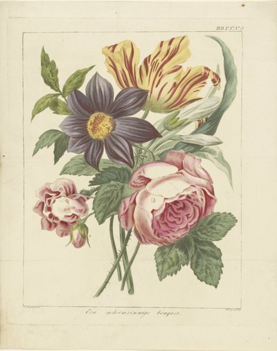 Boeket bloemen met pioenroos en tulp door Dirk Sluyter