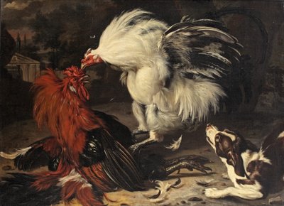 Twee hanen vechten en een hond kijkt toe, een parklandschap daarachter door Dirk Valkenburg