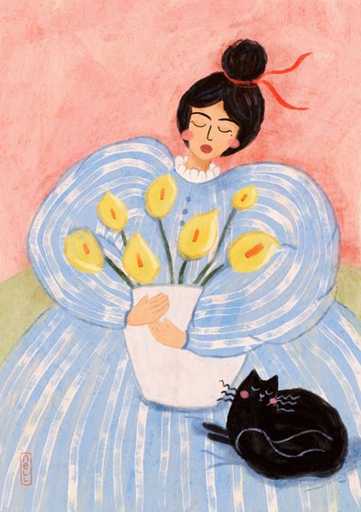 Vrouw met bloemen en een kat door Dirkie Nell