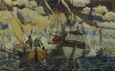 Peter I en Lefort. De Vloot van Peter I op het Pleshcheyevo-meer, 1927 door Dmitri Nikolayevich Kardovsky
