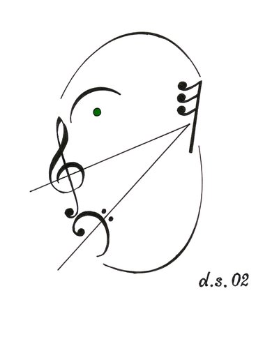 Diminuendo gezicht - een zingend gezicht getekend met het muzikale symbool voor diminuendo en verschillende andere muzikale notaties door Dmitri Smirnov