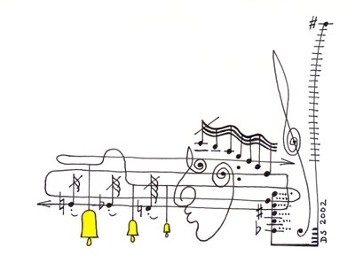 Elegy - tekening van een muziekpartituur met de notatie in de vorm van een gezicht en klokken die aan de notenbalken hangen door Dmitri Smirnov