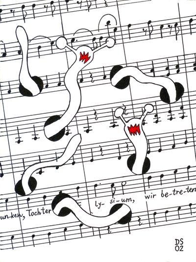 Feest van Vreugde - tekening van een muziekpartituur met wormen die zich door de pagina heen eten door Dmitri Smirnov