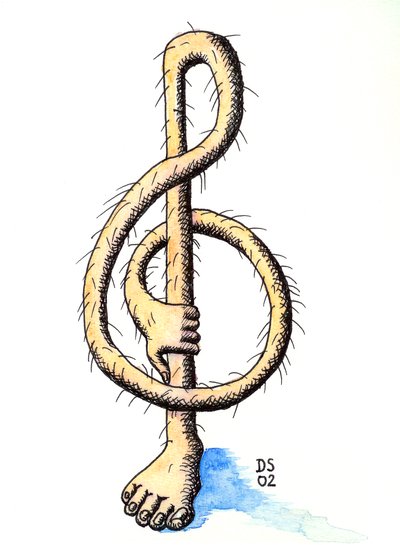 Hairy treble clef - een treble clef getekend als een been met een hand die het vasthoudt door Dmitri Smirnov