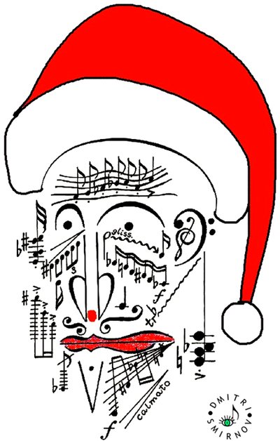 Muzikale Kerstman - het hoofd van de Kerstman - de Kerstman getekend met muzieknotatie en met een rode muts op door Dmitri Smirnov