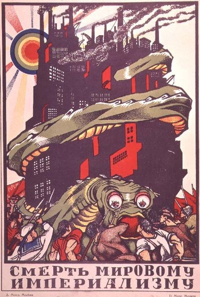 Poster met een monster dat zich om een stad wikkelt, uit 