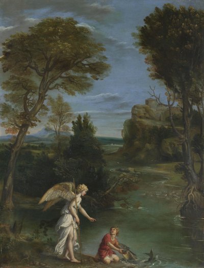Landschap met Tobias die de vis grijpt door Domenichino
