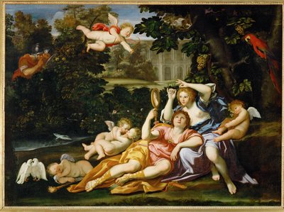 Renaud presenteert een spiegel aan Armide - Rinaldo presenteert ... door Domenichino (1581-1641)
