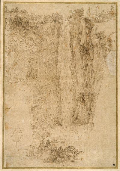 Landschap met een waterval; aan de voet, twee mannen, een te paard door Domenichino