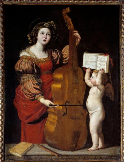 Sint Cecilia met een engel die een partituur vasthoudt. Domenico Zampieri genaamd De Dominiquin (1581-1641) Ec. Ital. door Domenichino