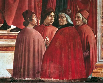 Verhalen van de Maagd Maria: Aankondiging aan Zacharias, detail van Cristoforo Landino, Angelo Poliziano en Marsilio Ficino, ca.1485-90 (fresco) door Domenico Ghirlandaio