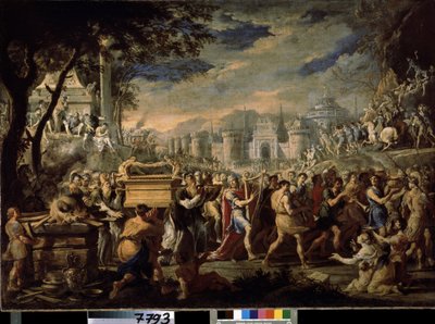 "David brengt de Ark van het Verbond naar Jeruzalem" De verplaatsing van de Heilige Ark van het Verbond naar Jeruzalem, begeleid door koning David die de psalter speelt. Schilderij van Domenico Gargiulo door Domenico Gargiulo