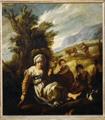 Le premier Age, Eve filant et Adam labourant - Eva spint, Adam ploegt, ook wel Country Life ... door Domenico (after) Fetti