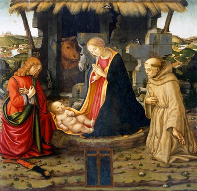 Geboorte met Sint Franciscus en Sint Julianus door Domenico (workshop) Ghirlandaio