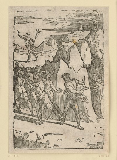 Allegorie van de metaalwinning. De metalen hebben het binnenste van de berg verlaten en slaan op de vlucht wanneer de vulkaan (Hephaistos) hen sommeert hem naar de smederij te volgen. Uit de reeks „De re metallica“. door Domenico Beccafumi