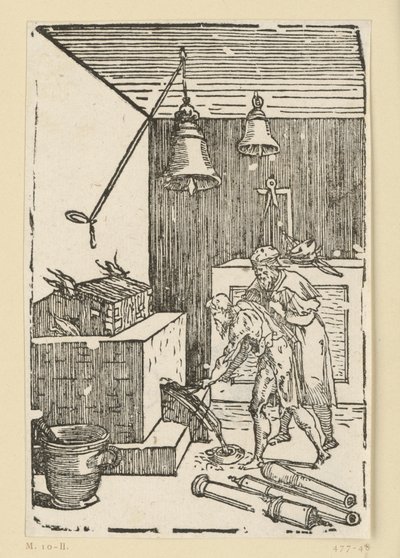 Het gieten van klokken en kanonnen. Uit de reeks „De re metallica“. door Domenico Beccafumi