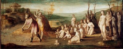 Deucalion en Pyrrha. Personages uit de Griekse mythologie die stenen gooien die mensen voortbrengen na de zondvloed door Domenico Beccafumi