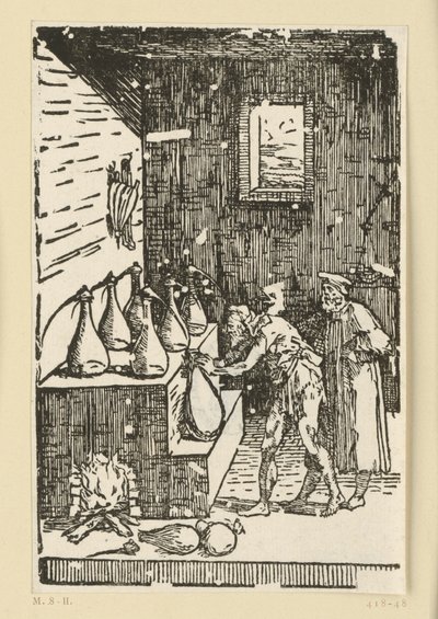 De distillatie door de chemicus of alchemist. Uit de reeks "De re metallica". door Domenico Beccafumi