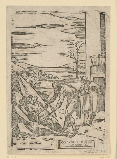 De metalen worden voor verwerking vervoerd. Hephaistos (Vulcanus) brengt de metalen, die nog in bundels op de berg liggen, naar de smederij. Uit de serie „De re metallica“. door Domenico Beccafumi