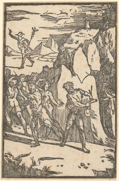 Metalen vluchten wanneer de vulkaan probeert ze uit de rotsen los te maken, blad 3 van de reeks „De la Pirotechnia“ door Domenico Beccafumi