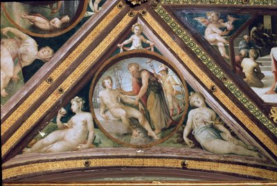 Prometheus creëert de mens onder het toeziend oog van Mercurius met een helm en gevleugelde sandalen door Domenico Beccafumi