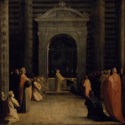 De aanbieding van de sleutels van de stad Siena aan de Maagd, op of na 1526 door Domenico Beccafumi