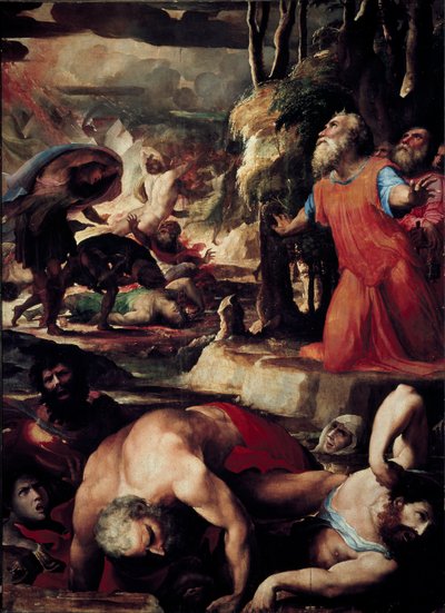 De straf van Core (Kore), Dathan (Datan, Nathan) en Aboron (Abiram) door Domenico Beccafumi