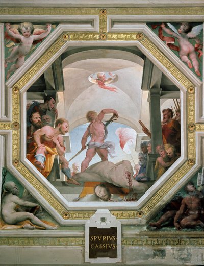 De onthoofding van Spurius Cassius Vecellinus of Viscellinus, geëxecuteerd door zijn vader omdat hij overwoog koning te worden in 485 v.Chr. Fresco door Domenico di Giacomo di Pace, genaamd Beccafumi (1486-1551) 1529-1535 Siena, Palazzo pubblico door Domenico Beccafumi