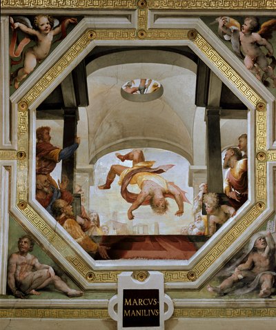 De val van Marcus Manlius Capitolinus, consul van Rome, van de Citadel van het Capitool tijdens de Gallische invasie in 390 v.Chr. Fresco door Domenico di Giacomo di Pace, genaamd Beccafumi (1486-1551) 1529-1530 Siena, Palazzo Casini Casuccini door Domenico Beccafumi