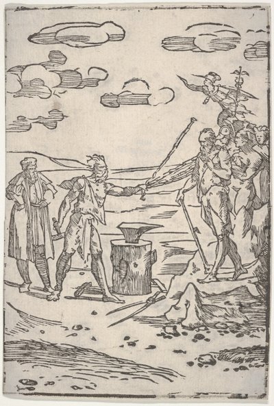 De vervalser die naast een aambeeld staat en een man in ketenen voorttrekt, uit „De verschillende bewerkingen van de alchemie“ door Domenico Beccafumi
