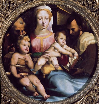 Tondo die de heilige familie met Sint Giovanni (Sint Johannes de Doper) en een schenker voorstelt door Domenico Beccafumi