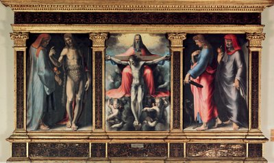 Drieluik van de Drie-eenheid: Sint Cosimo, Sint Johannes de Doper, de Drie-eenheid, Sint Johannes de Evangelist en Sint Damien. Inscriptie 